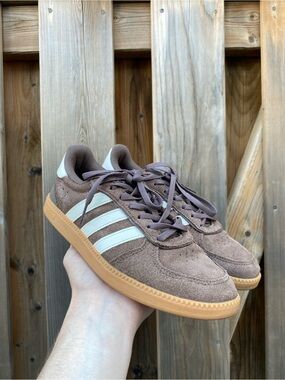 adidas Brown Suede Sneakers with White Stripes and Gum Sole